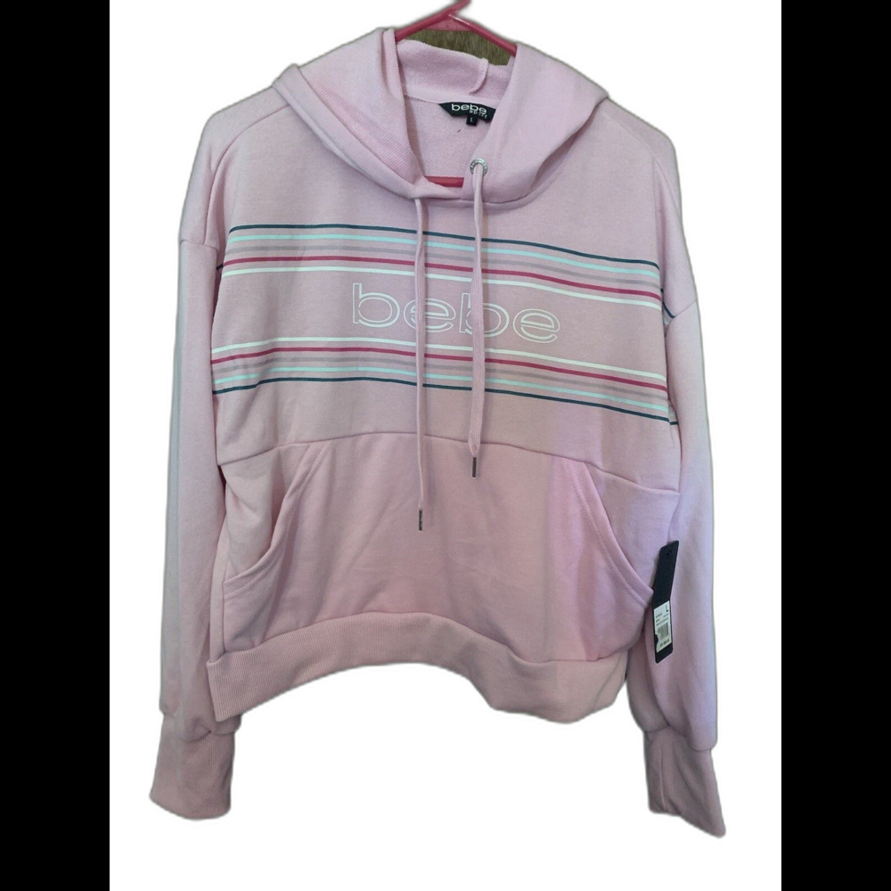 Bebe Sport Stripe Logo Pullover Hoodie Pink Women Size Large Cropped Shirt New